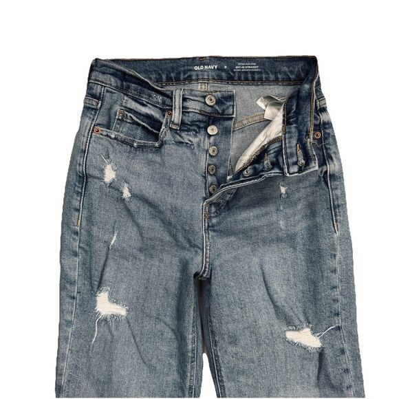 Old Navy Sky Hi Straight Jeans 0 (24x27.5) Blue Distressed Button Fly Womens - Picture 3 of 11